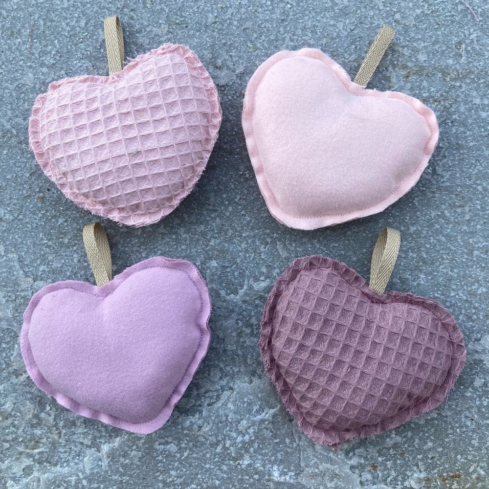 Hearts That Help. Handmade by me. Set of 4 fabric heart ornaments